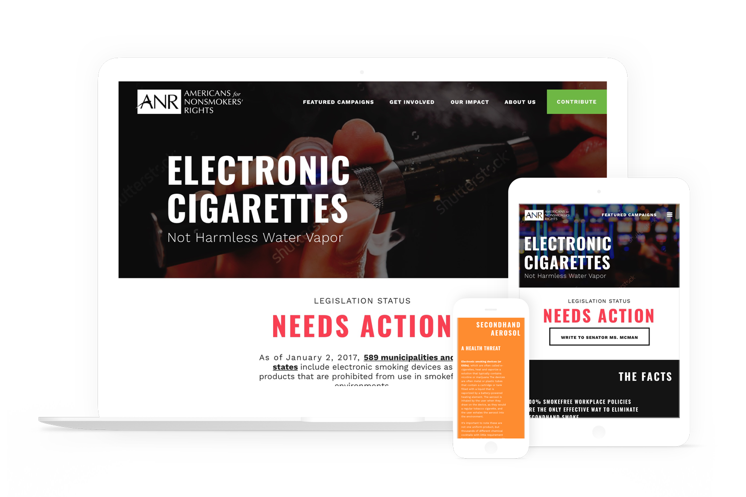 American for Nonsmokers' Rights displayed on a laptop, a tablet, and a phone.